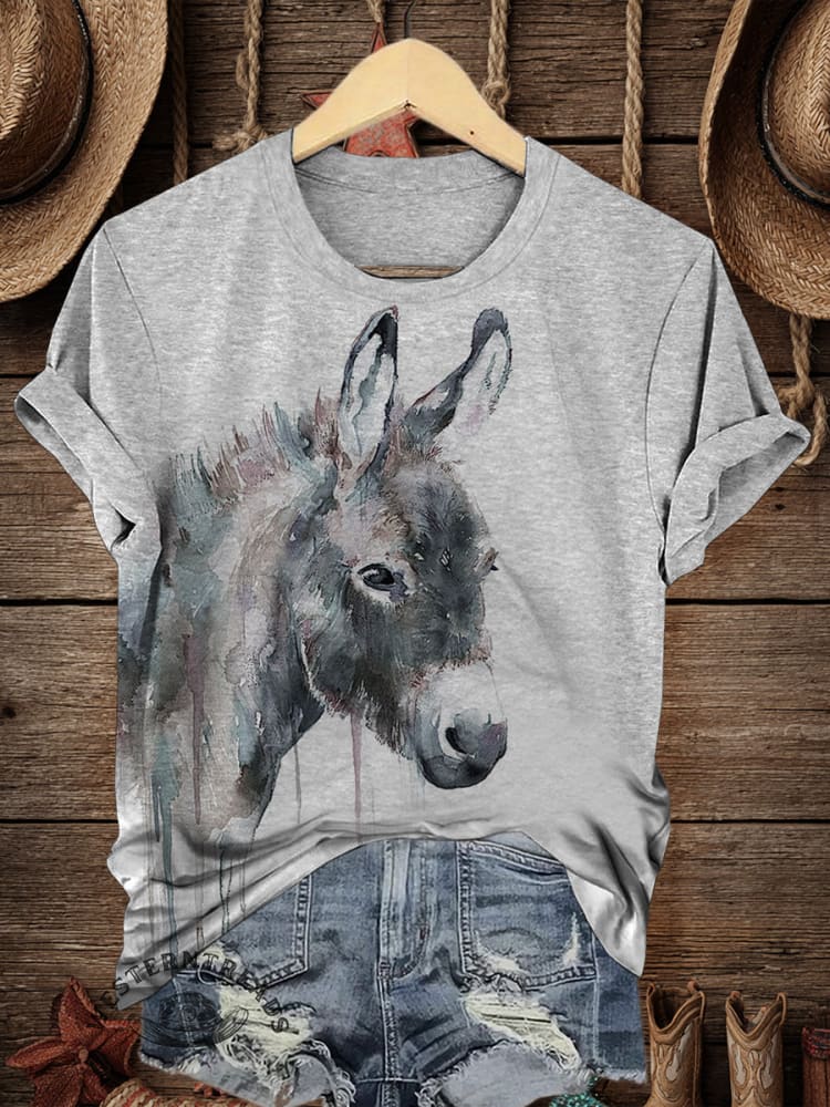 Retro Western Donkey Art Print Casual T-shirt