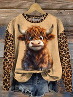 Vintage Leopard Highland Cow Art Print Casual Sweatshirt