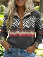 Retro Print Casual Half-zip Cotton Sweatshirt