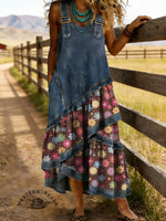 Retro Women's Floral Print Denim Patchwork Long Dress