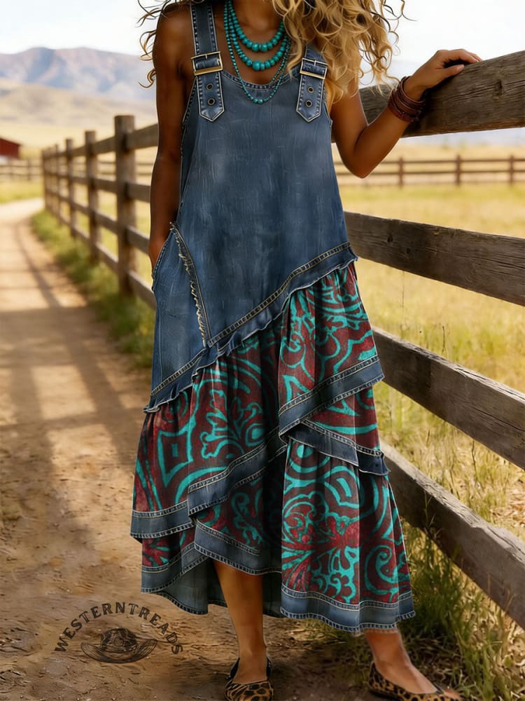 Vintage Print Sleeveless Multi-layered Ruffled Strap Dress