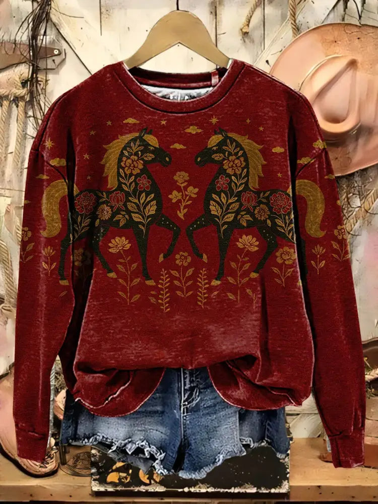 Horse Floral Casual Cotton Sweatshirt