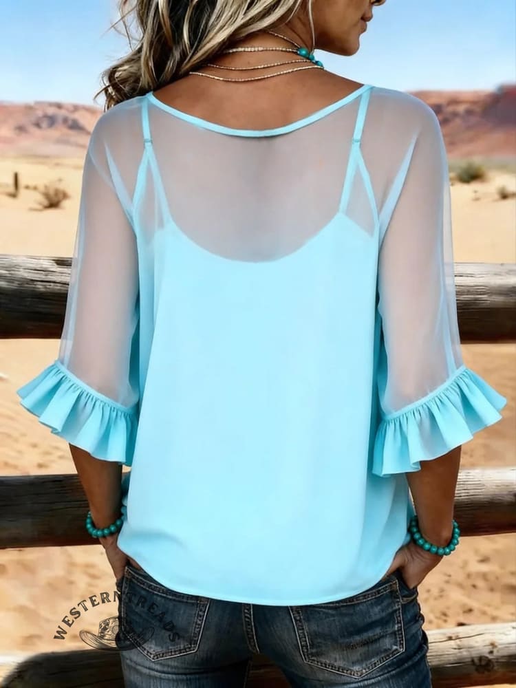 Women's Vintage Patchwork Chiffon Tank Top Two-piece Set Casual Shirt