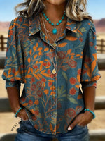 Vintage Floral Art Print Casual Puff Sleeve Denim Shirt