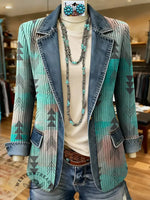 Ethnic Art Print Patchwork Denim Sweater Cardigan Coat