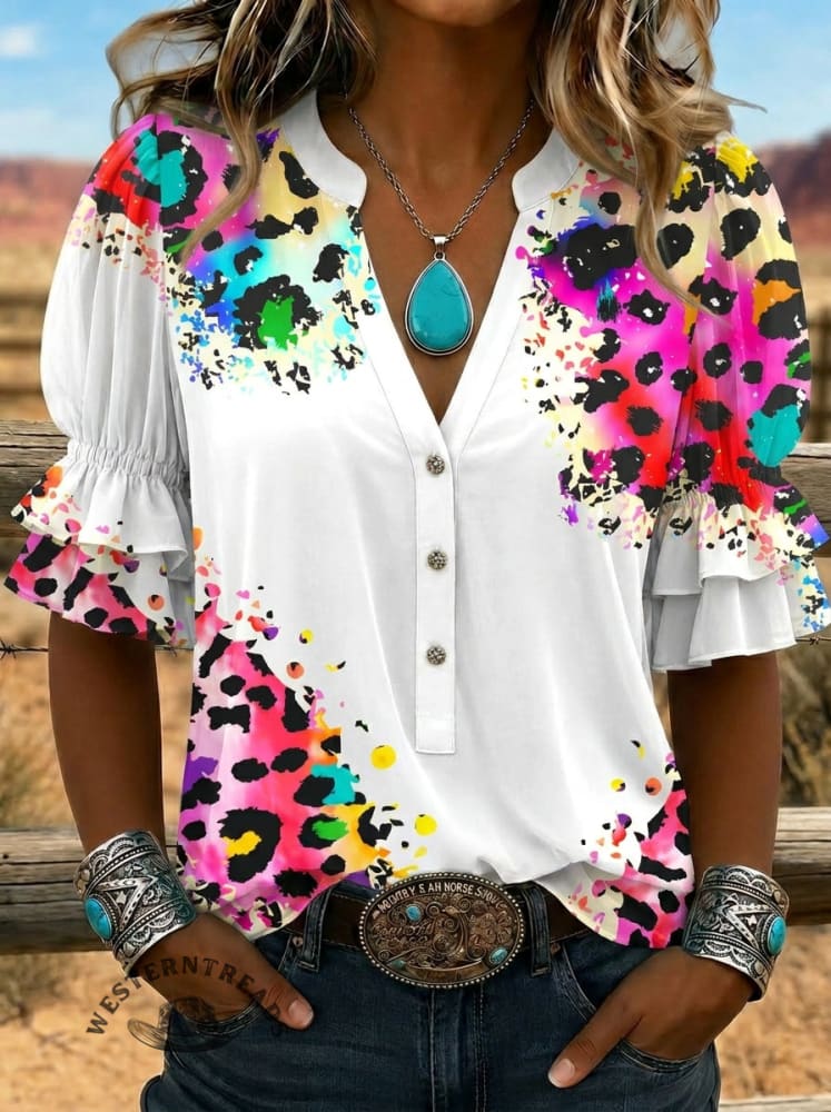 Women's Retro Leopard Art Puff Sleeve Casual Shirt