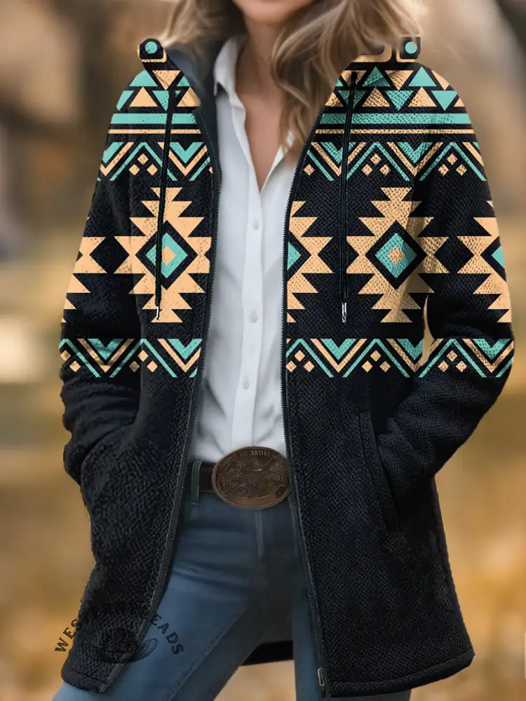 Aztec Print Unisex Plush Thick Long-Sleeved Cardigan Coat