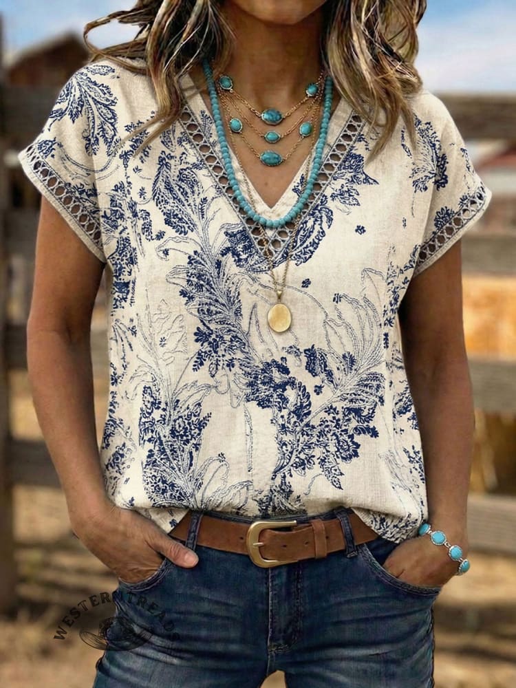 Vintage Art Hollowed Out Lace Patchwork Flowers Shirt