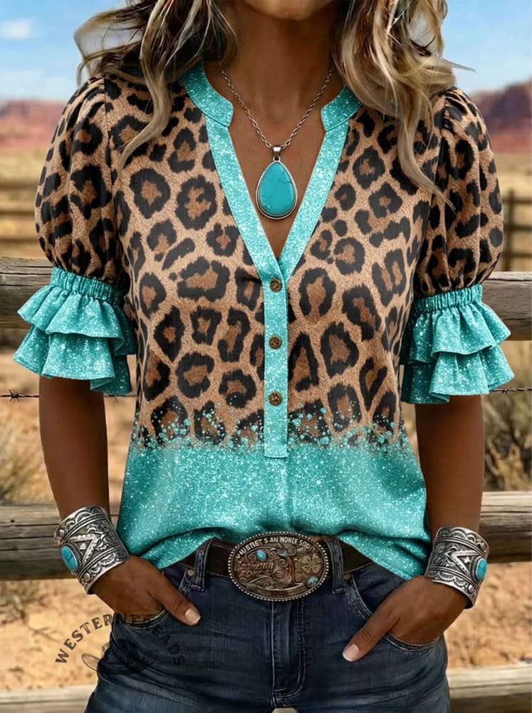 Women's Leopard Print Puff Sleeve Casual Shirt