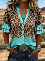 Women's Leopard Print Puff Sleeve Casual Shirt