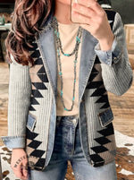 Aztec Print Patchwork Denim Sweater