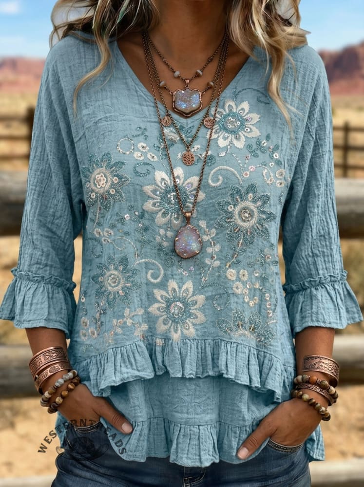 Women's Vintage Floral Print Ruffle Shirt