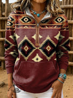 Retro Aztec Print Casual Half-zip Cotton Sweatshirt