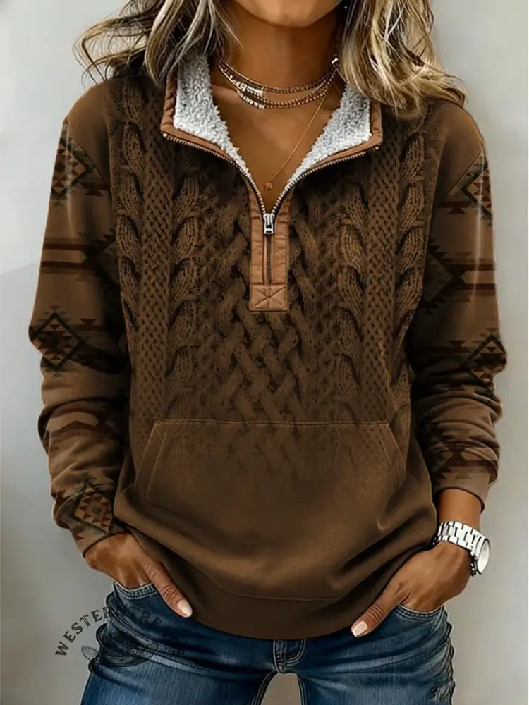 Retro Aztec Knitted Pattern Print Casual Half-zip Cotton Patchwork Sweatshirt