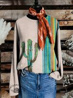 Vintage Western Cactus Art Print Casual Cotton Sweatshirt