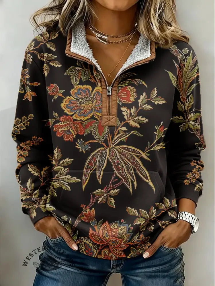 Casual Retro Floral Art Print Half-Zip Cotton Sweatshirt