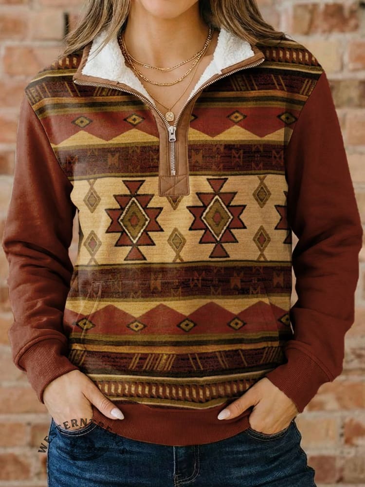 Aztec Print Casual Half-zip Cotton Sweatshirt