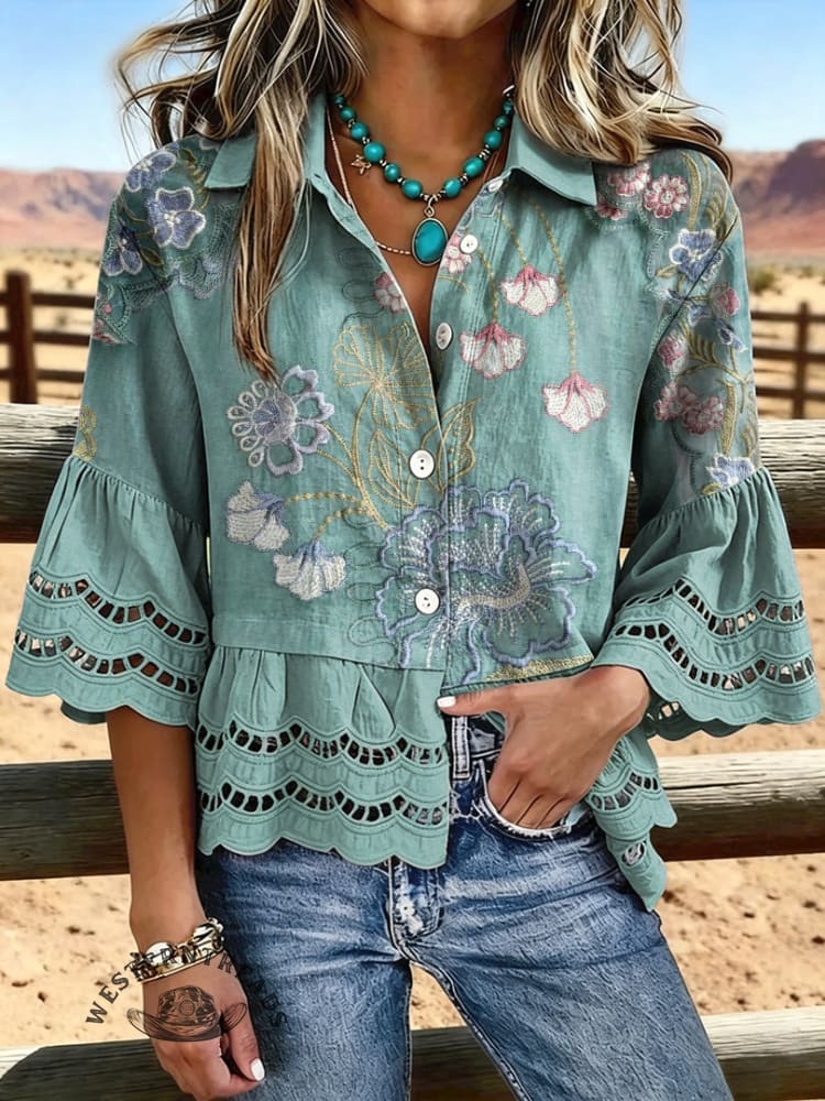 Women's Vintage Floral Print Casual Hollow-Out Shirt