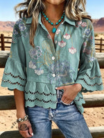 Women's Vintage Floral Print Casual Hollow-Out Shirt