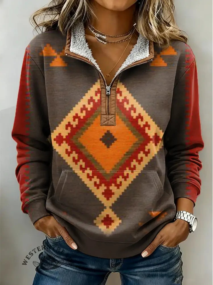 Women's Print Aztec Print Casual Color-blocked Casual Half-zip Cotton Sweatshirt