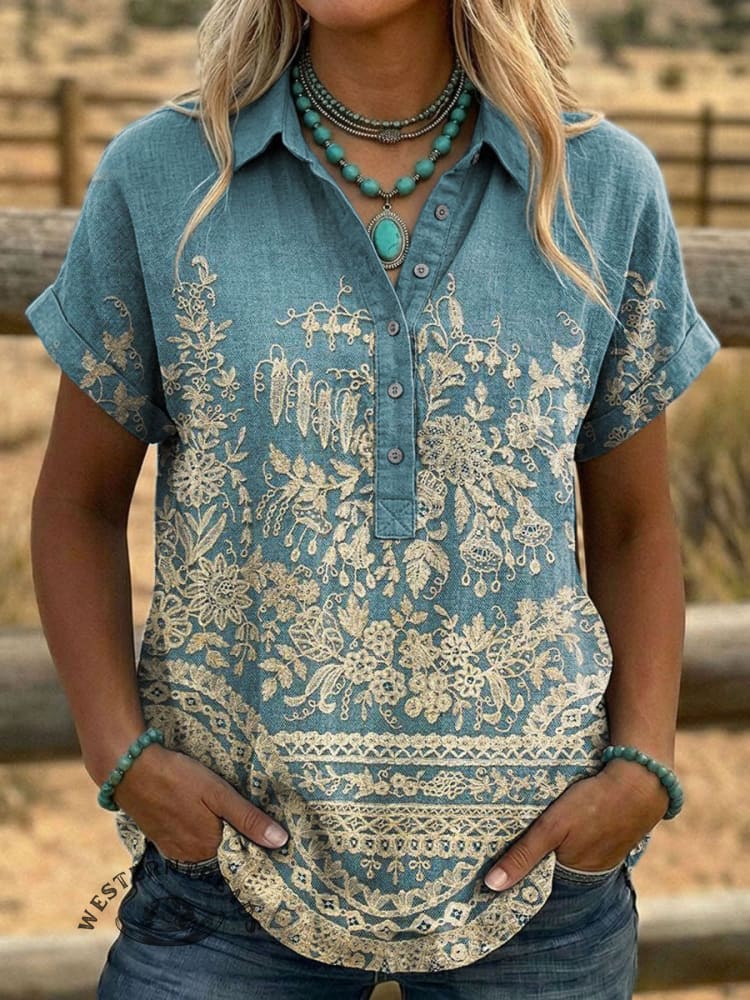 Women's Vintage Floral Print Casual Lapel Shirt