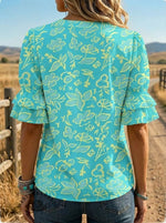 Women's Retro Floral Art Puff Sleeve Casual Shirt