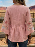 Vintage Floral Print Casual Round Neck Bell Sleeve Top