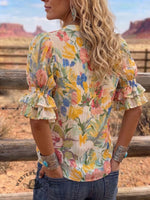 Vintage Art Print Comfortable Summer Fabrics Puff Sleeve Casual Shirt