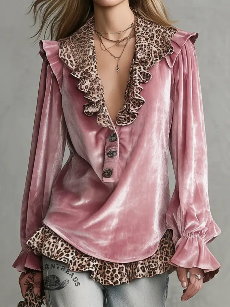 Women's Leopard Print Patchwork Ruffle V-neck Velvet Top