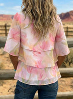 Vintage Art Patchwork Design Layered Ruffle Shirt