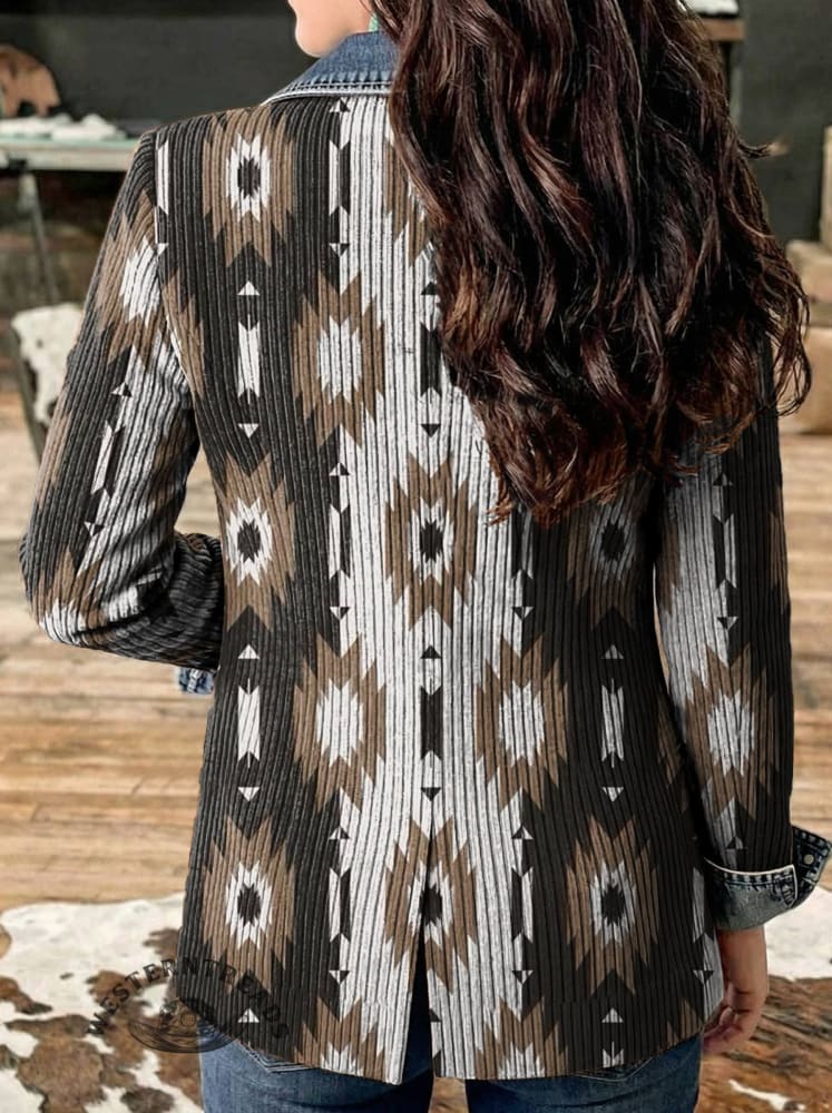 Aztec Print Patchwork Denim Sweater