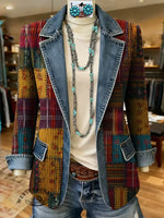 Retro Plaid Patchwork Art Print Patchwork Denim Sweater Cardigan Coat