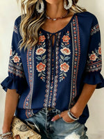Women's Vintage Flowers Print Patchwork Casual Shirt