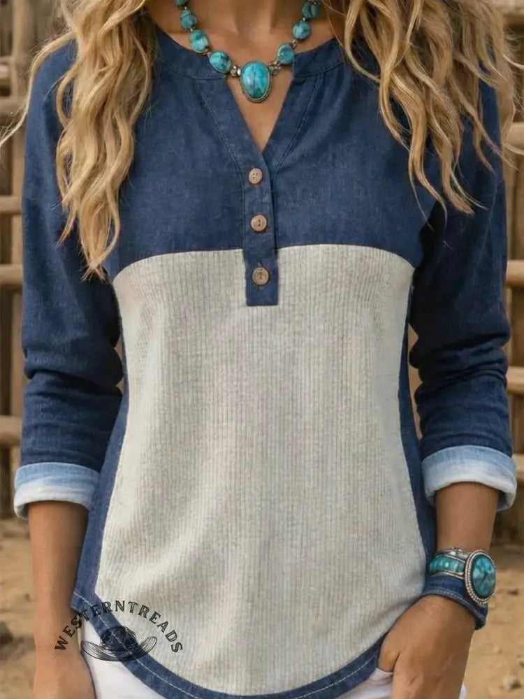 Women's Denim Patchwork Casual Cotton Shirt