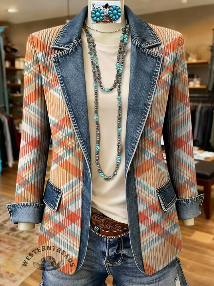 Plaid Print Patchwork Denim Sweater