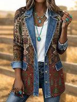 Retro Southwestern Art Print Patchwork Denim Sweater Cardigan Coat