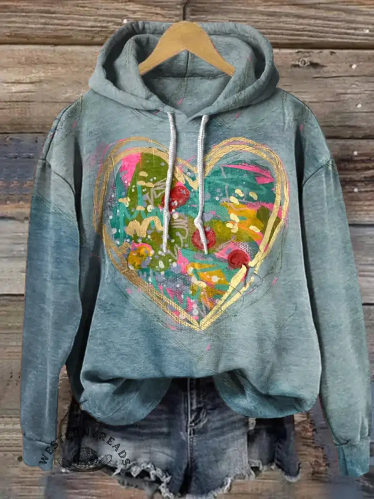 Vintage Heart Art Print Casual Cotton Hooded Sweatshirt