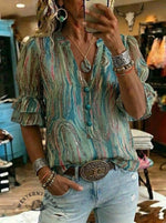 Vintage Art Print Casual Chiffon Ruffle Shirt