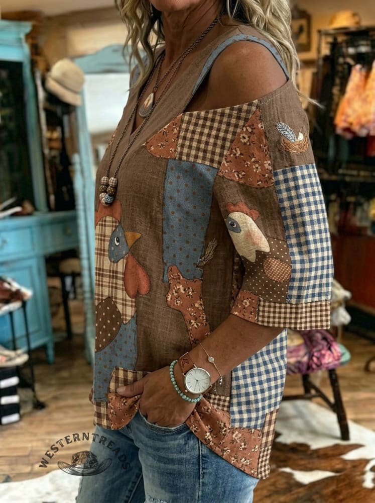 Vintage Funny Chicken Print Off-shoulder Patchwork Casual Shirt