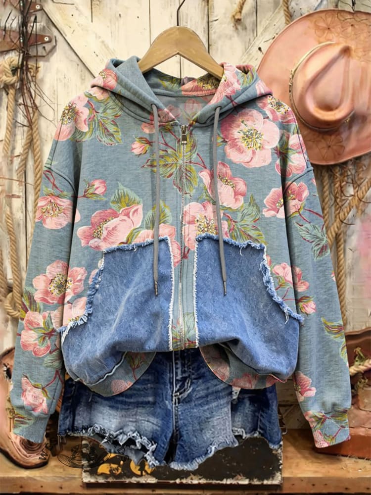 Retro Print Casual Cotton Patchwork Hooded Zip-up Sweatshirt