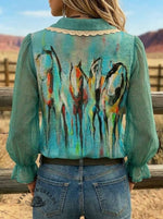 Women's Horse Art Print Casual Lace Patchwork Shirt