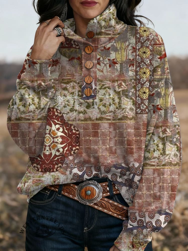 Retro Western Printed Button-up Sweatshirt