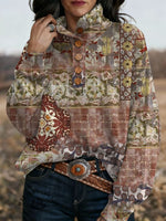 Retro Western Printed Button-up Sweatshirt