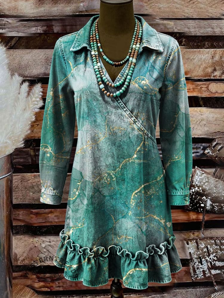 Vintage Art Print Casual Lapel Ruffled Denim Dress