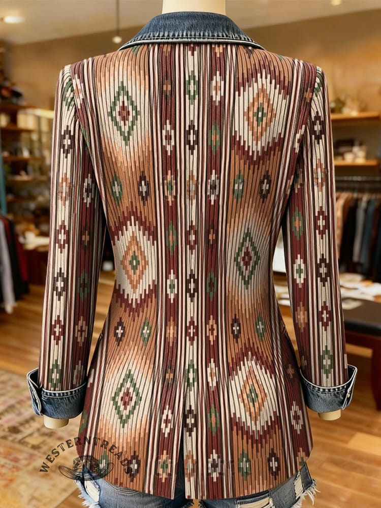 Aztec Print Patchwork Denim Sweater