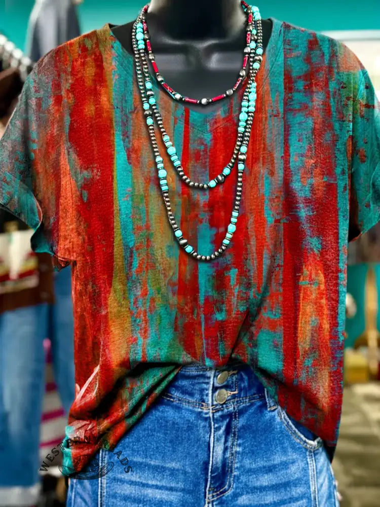 Colored Stripes Visual Pattern V-neck T-shirt