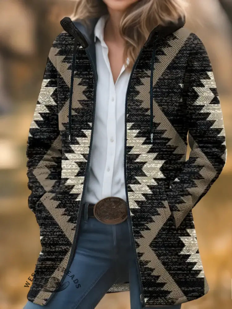 Aztec Print Unisex Plush Thick Long-Sleeved Cardigan Coat