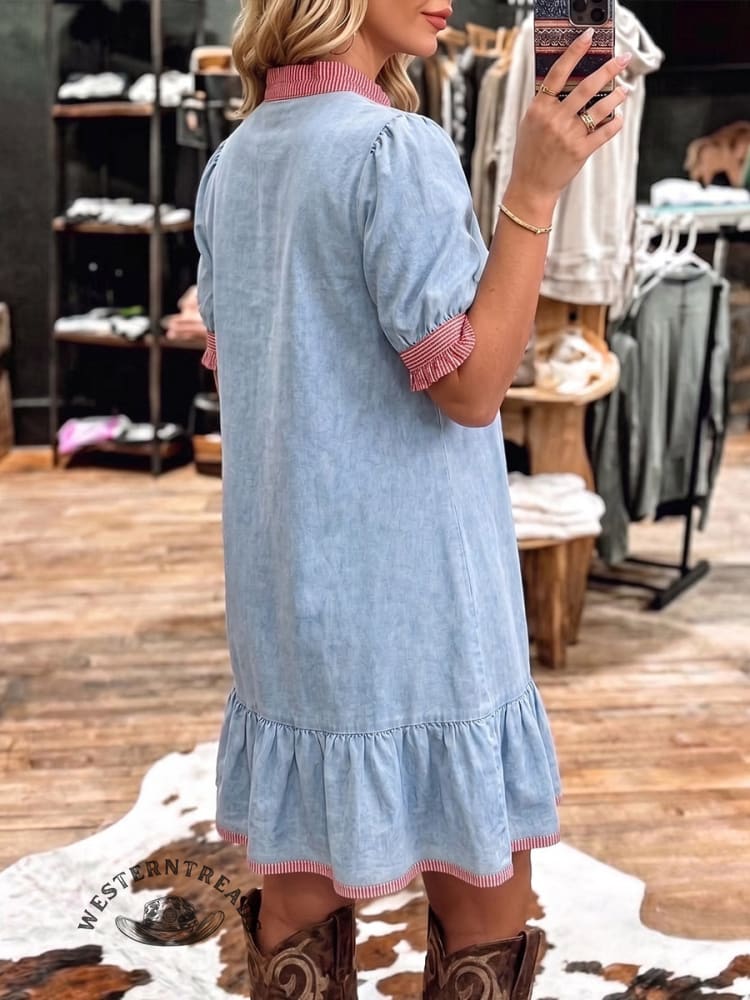 Vintage Art Denim Patchwork Stripes Casual Dress