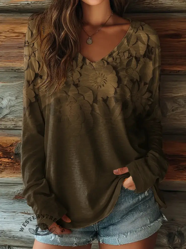 100% CottonšFloral Print Casaul V-collar Long Sleeve Tee