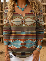 Women's Retro Aztec Art Print Henley Neck Sweater Top